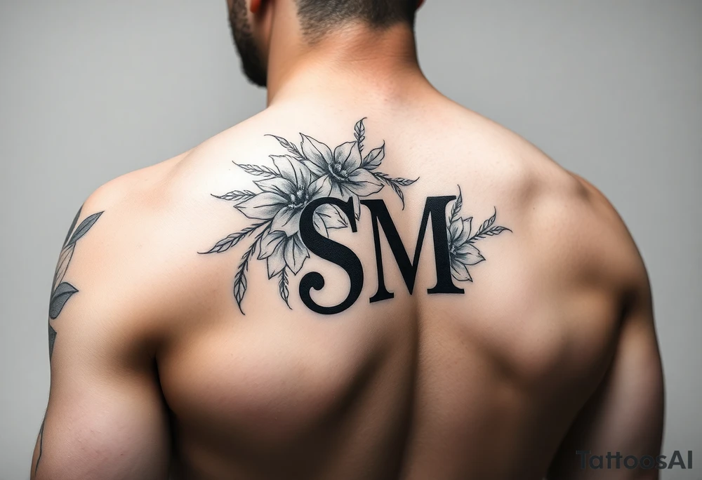 Floral arm sleeve with hidden letters S M tattoo idea
