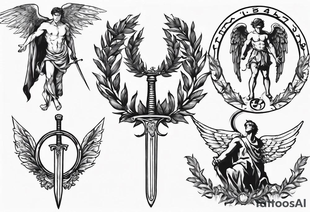 number 13, a laurel leaf wreath, and a Male angel holding sword tattoo idea