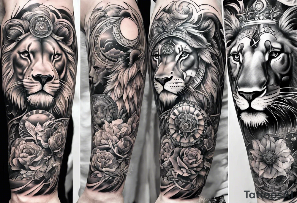 tattoo full sleeve that includes astrologic signs of  cancer, aquarius, lion and sagittarius tattoo idea