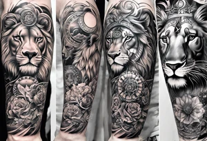 tattoo full sleeve that includes astrologic signs of  cancer, aquarius, lion and sagittarius tattoo idea