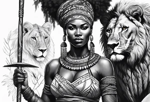 African woman warrior holding spear with earrings. Tribe marks on her face and tree Branch brids and lion in the background tattoo idea
