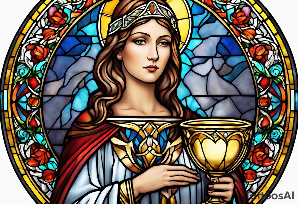 holy saint woman with halo stained glass holding a chalice tattoo idea