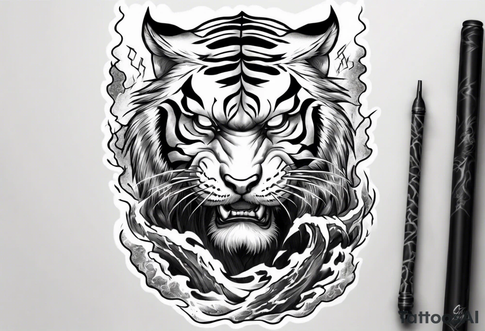 tiger warrior with lightning and the sun for a forearm sleeve tattoo idea