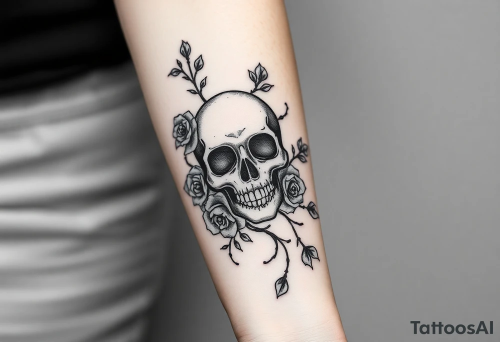 gothic skull intertwined with climbing roses and thorny vines tattoo idea