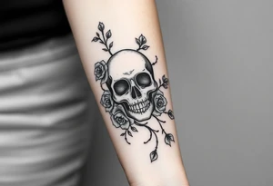 gothic skull intertwined with climbing roses and thorny vines tattoo idea