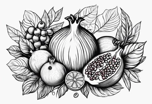 Cornucopia with pomegranate and other fruits and golden coins. tattoo idea