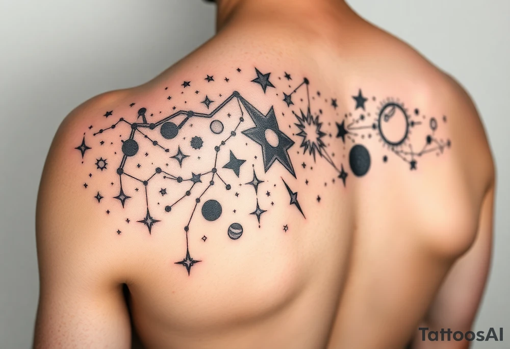 Give me a nighttime constellation tattoo with 10 different variances of stars of 40 stars, and additional cosmo items e.g. planets, etc.

It should fit on the left shoulder blade about 6 inches across and 4 high tattoo idea