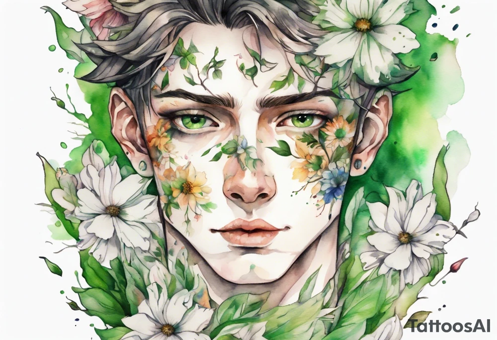 a handsome face covered in flowers with green eyes tattoo idea
