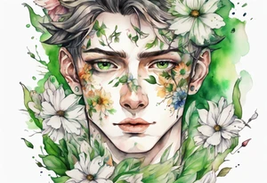 a handsome face covered in flowers with green eyes tattoo idea