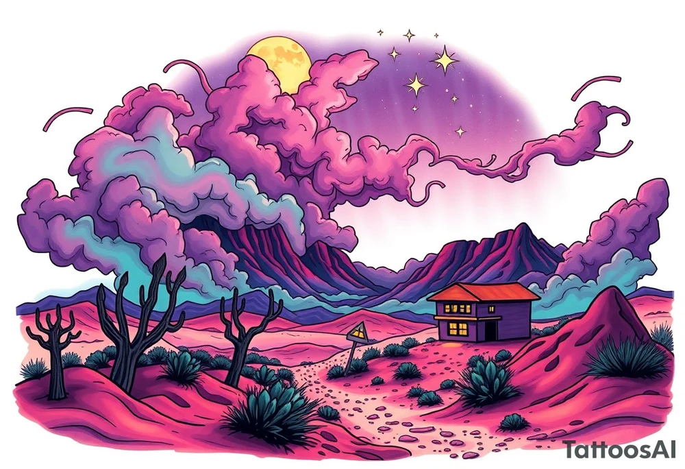 Tim Burton’s nevada new mexico desert  and dripping with muted reds, dusty pinks, and eerie green glow purple and cyan smokey clouds swirl and dance in the moonlit night sky filled with twinkling stars  tattoo idea tattoo idea