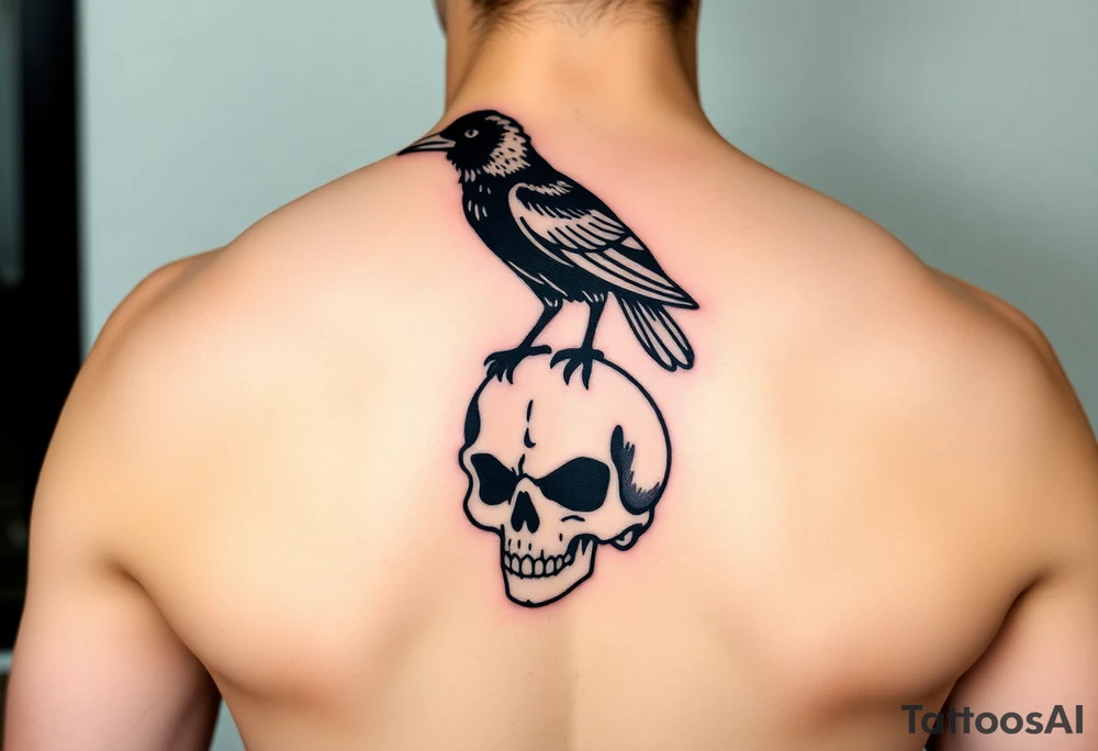 Crow standing on skull tattoo idea