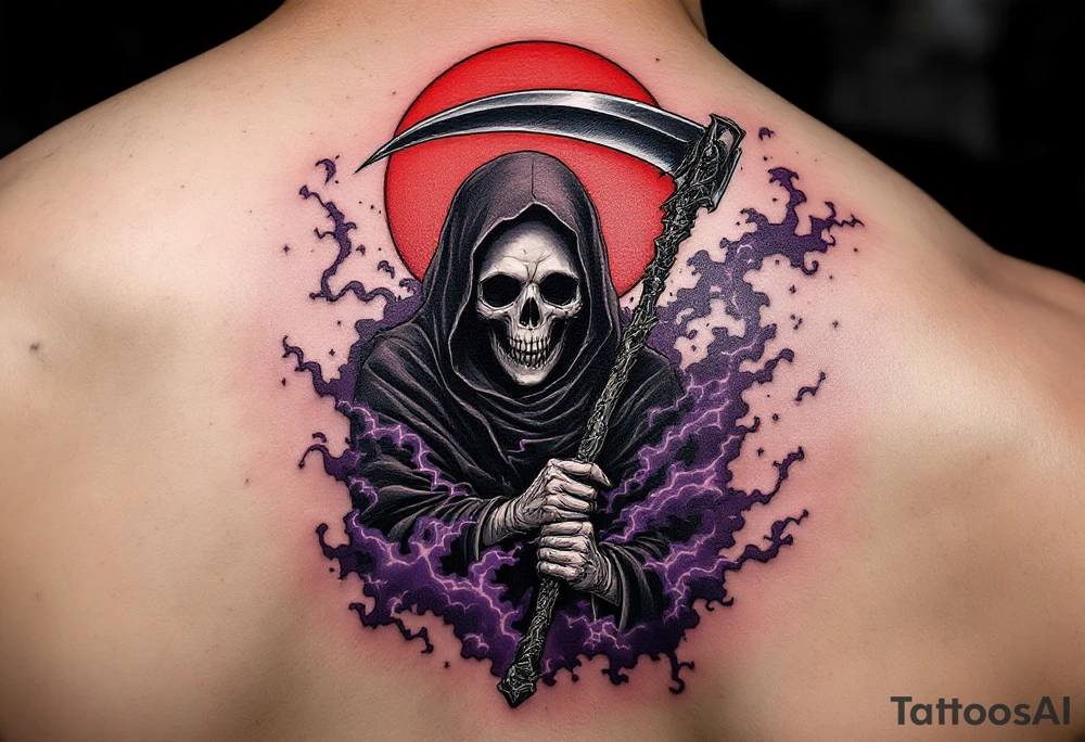 A Reaper with a red halo and an obsidian-black scythe cutting through a purple mist. tattoo idea