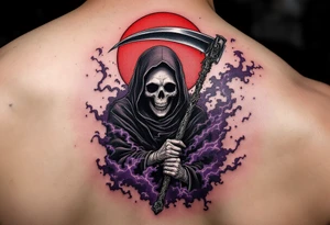 A Reaper with a red halo and an obsidian-black scythe cutting through a purple mist. tattoo idea