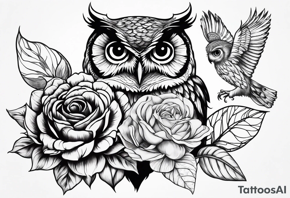 Sunflower and rose flower, owl tattoo idea