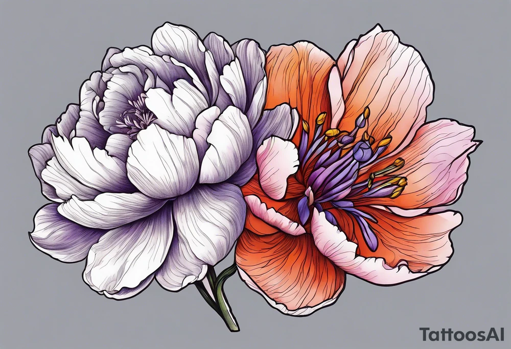 pink peony. purple gladiolus. red hawthorn. orange marigold. navy blue sweet pea. white paper white narcissus. tattoo idea