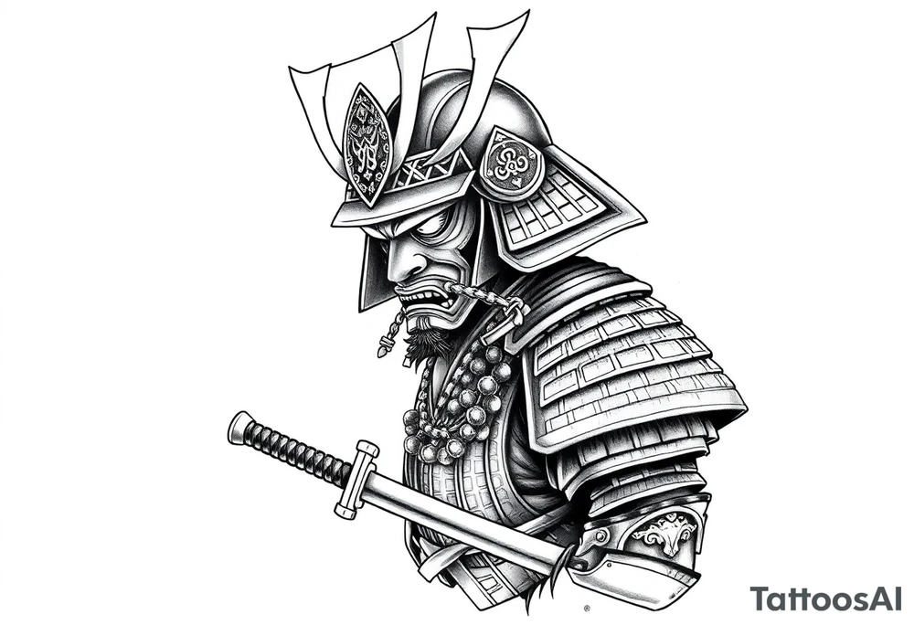 Japanese samurai warrior tattoo, highly detailed armor and helmet, traditional katana sword, intense warrior expression, ornamental patterns, bold linework, black and grey ink style, ink wash shading, centered layout, designed for forearm tattoo with future full sleeve expansion, minimal background tattoo idea