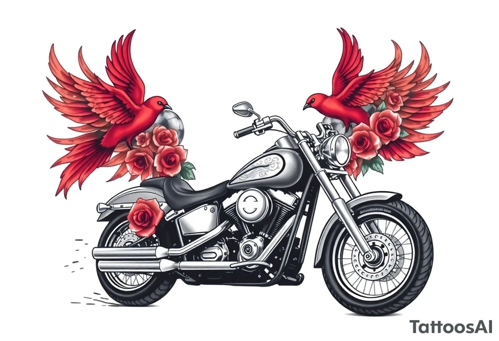 Harley grey motorcycle driving away, two red birds flying, roses, flames, angel wings tattoo idea