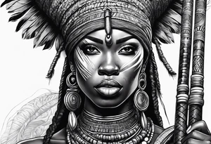 African woman warrior holding spear with deadlocks and earrings. tattoo idea