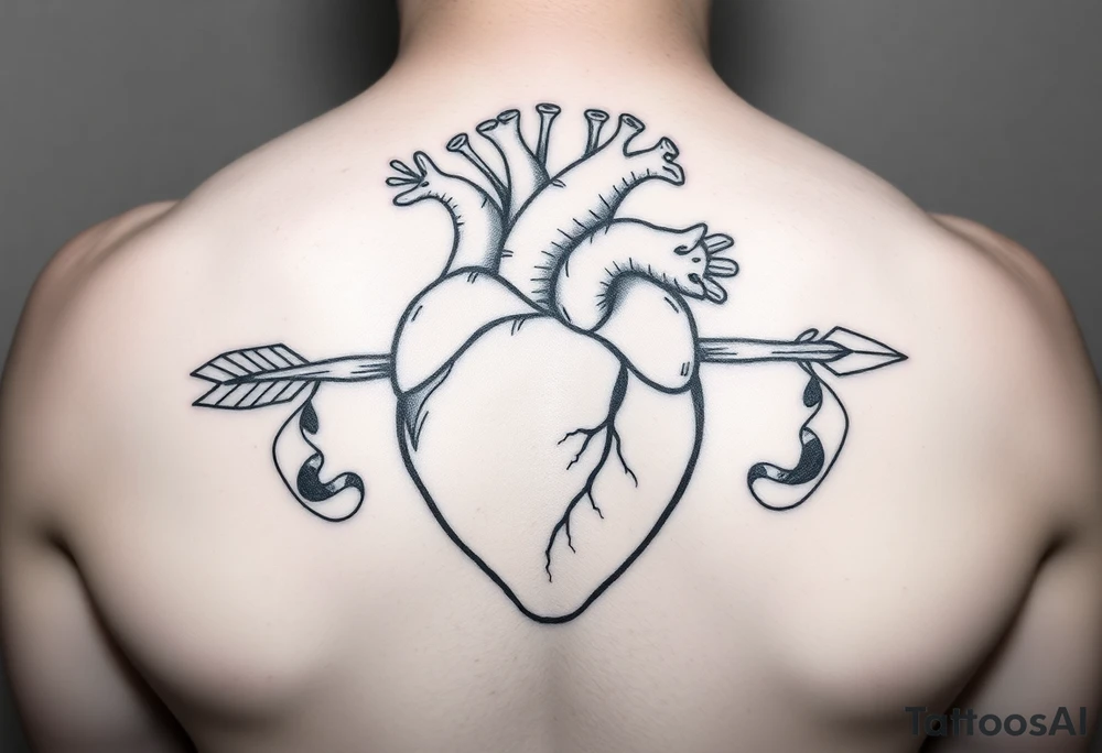 anatomical heart pierced by ornate arrow with flowing ribbons tattoo idea