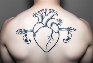 anatomical heart pierced by ornate arrow with flowing ribbons tattoo idea
