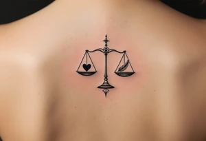 A pair of delicate scales balancing a heart on one side and a feather on the other, in elegant black and silver shading, symbolizing karmic justice. tattoo idea