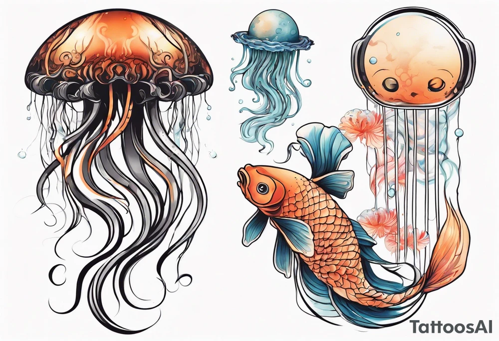1 jellyfish with the moon in the lid. Then with mini koi carp and jellyfish swimming amongst the tentacles tattoo idea