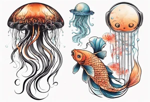 1 jellyfish with the moon in the lid. Then with mini koi carp and jellyfish swimming amongst the tentacles tattoo idea