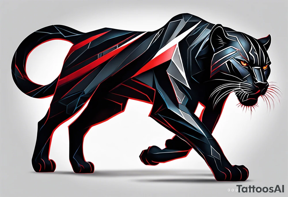 unique black panther tattoo, dynamic pose, showcasing its strength and grace, striking red eyes, intense and captivating elements, artistic flair, blending realism with abstract elements tattoo idea