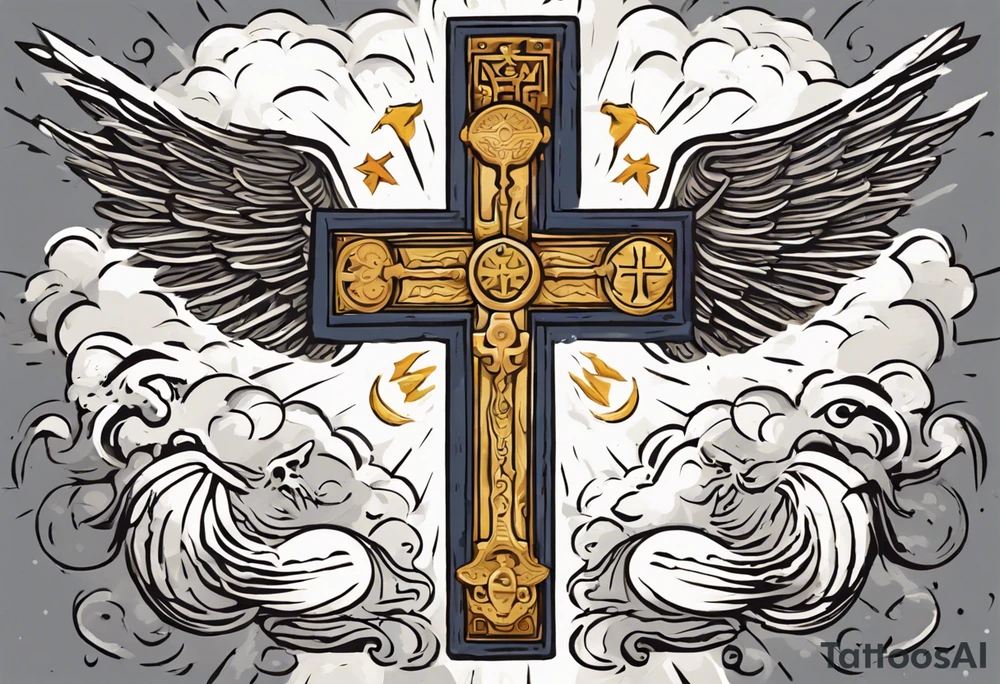 A medieval cross with an assyrian flag in the middle. A crown om top of the cross. The assyrian king Sennacherib. A sun and a moon. A cloud with rain and thunder. charizard. an imperfect cirkle. a candle. a swan. lemons. the god asshur with wings. an ankh. angel wings with a halo. surrounded by olive branches and feathers. tattoo idea