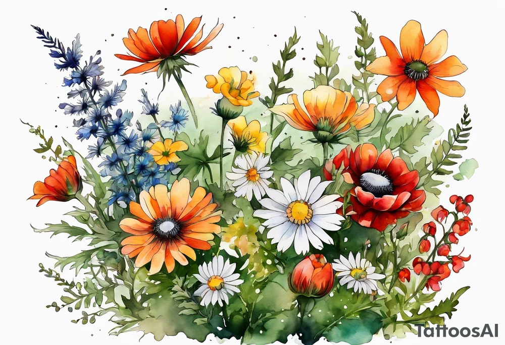 simple wildflowers cascading with thistles, ferns, white anemones, sun flowers, red flowers, green flowers, buttercups, orange flowers, babys breath and daisies all in watercolor tattoo idea