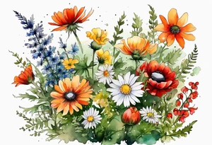 simple wildflowers cascading with thistles, ferns, white anemones, sun flowers, red flowers, green flowers, buttercups, orange flowers, babys breath and daisies all in watercolor tattoo idea