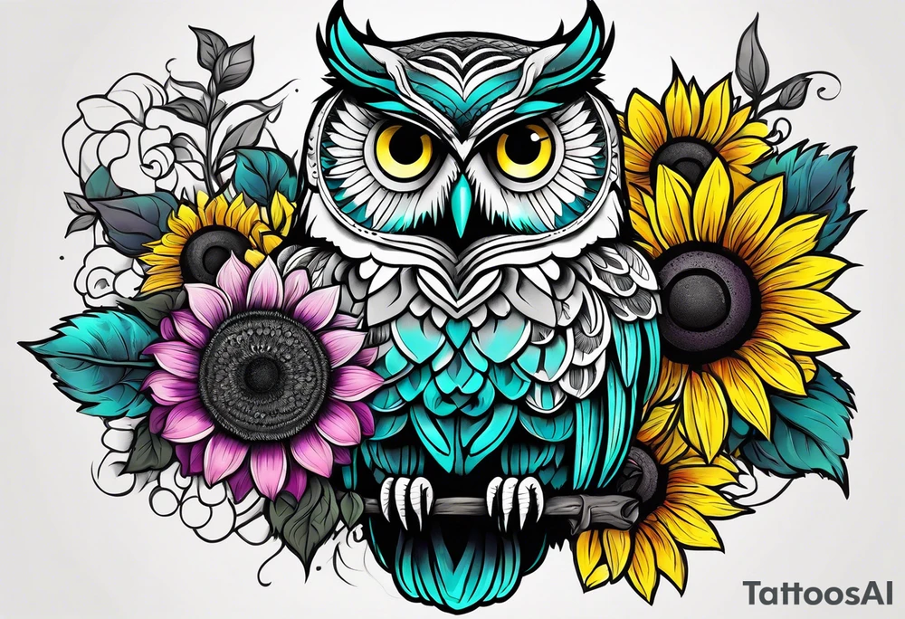 Half arm sleeve black and white owl shaded teal, pink and purple surrounded by yellow sunflowers tattoo idea
