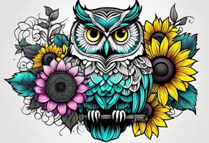 Half arm sleeve black and white owl shaded teal, pink and purple surrounded by yellow sunflowers tattoo idea