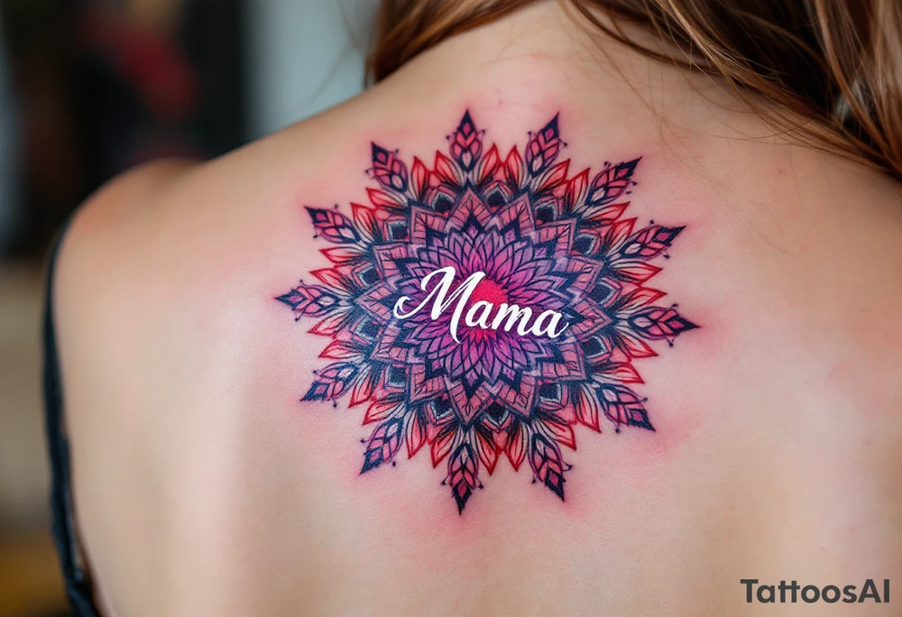 A vibrant mandala in reds and purples surrounding the small word “Mama” in white ink in between of shoulder blades. tattoo idea