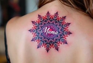 A vibrant mandala in reds and purples surrounding the small word “Mama” in white ink in between of shoulder blades. tattoo idea