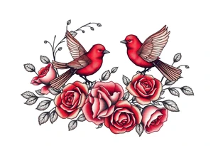 Vintage lace, red roses, red birds, vintage, wrap around, tighter together, no space open tattoo idea