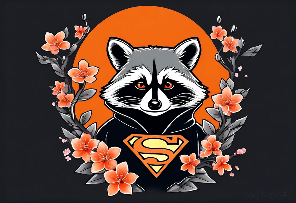 Raccoon wearing a white Superman logo on a black hoodie and orange Japanese cherry blossoms beside tattoo idea
