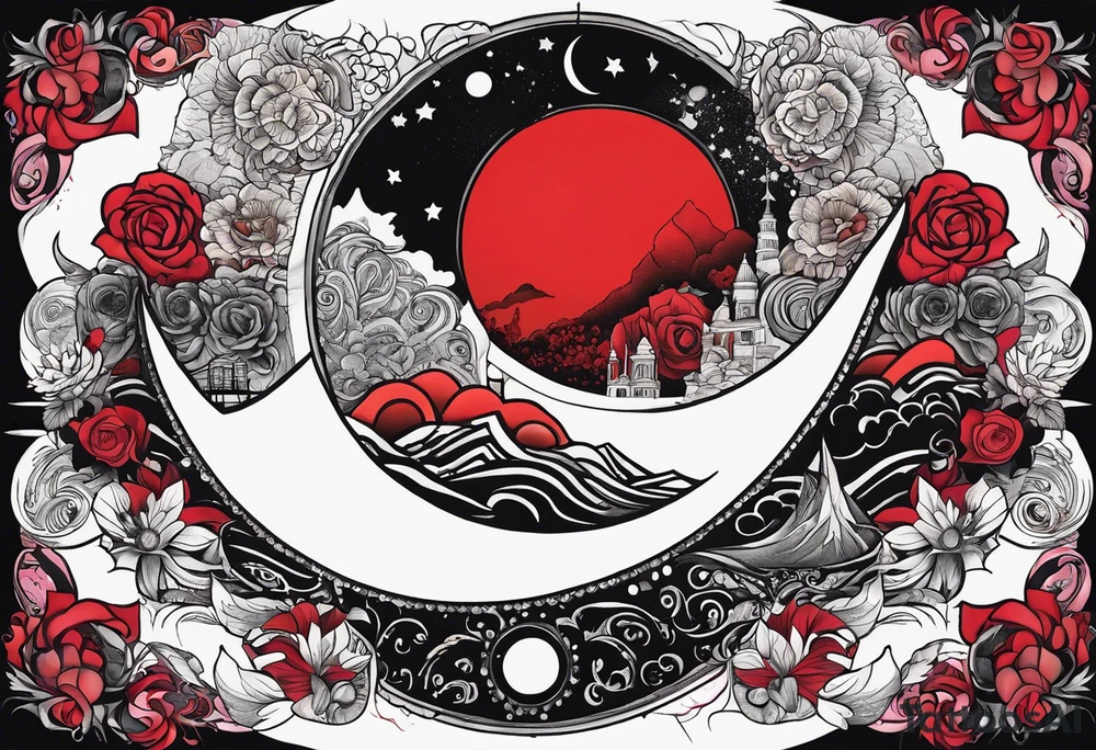 eclipse, vibrant colors (reds and blacks), end of world tattoo idea