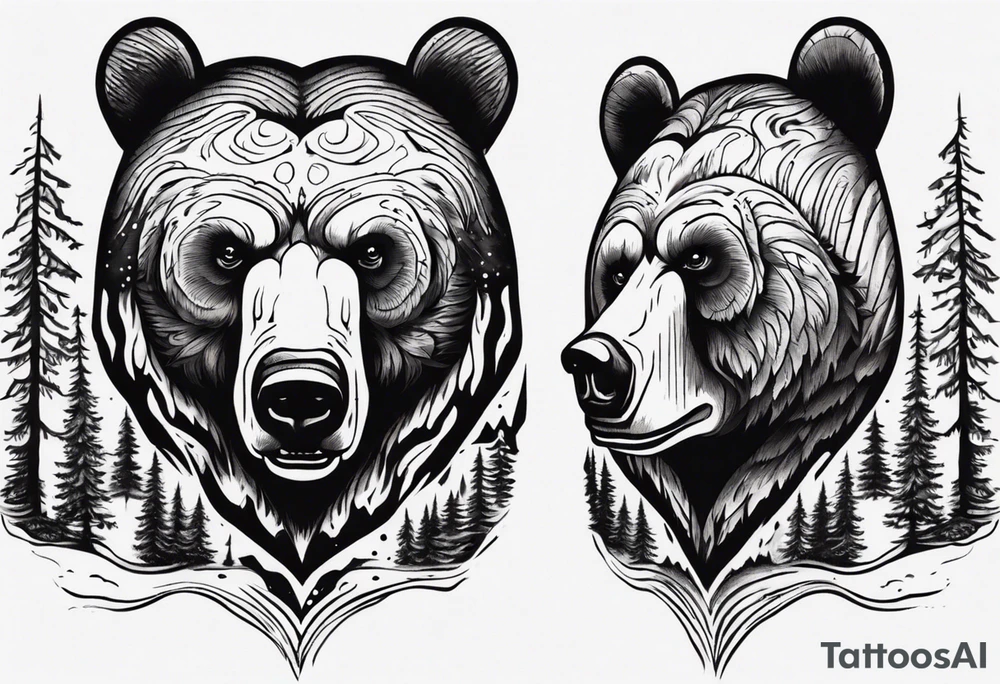 bear head right above the forest line with a lake below, full arm sleeve tattoo tattoo idea