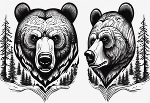 bear head right above the forest line with a lake below, full arm sleeve tattoo tattoo idea