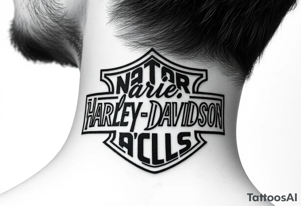 "rip Logan a rustan" in colligraphy font  inside of hollow Harley davidson sign tattoo idea