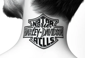 "rip Logan a rustan" in colligraphy font  inside of hollow Harley davidson sign tattoo idea