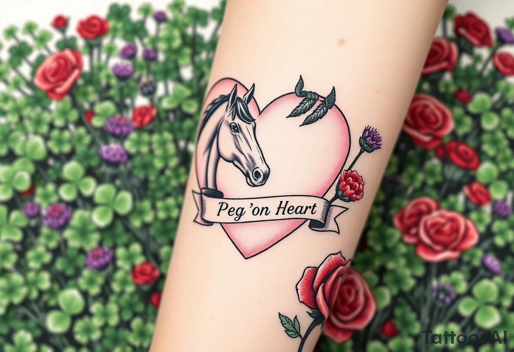 a big pale pink heart and a horse in a huge patch of green shamrocks, and purple thistles, and red roses with a banner across the heart that says Peg 'o My Heart tattoo idea