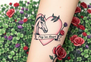 a big pale pink heart and a horse in a huge patch of green shamrocks, and purple thistles, and red roses with a banner across the heart that says Peg 'o My Heart tattoo idea
