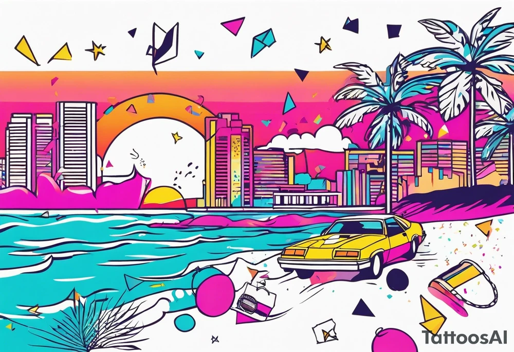 1980's miami vice style beach dance 
party, include confetti, music notes, boom box, bikinis sunset in the center tattoo idea