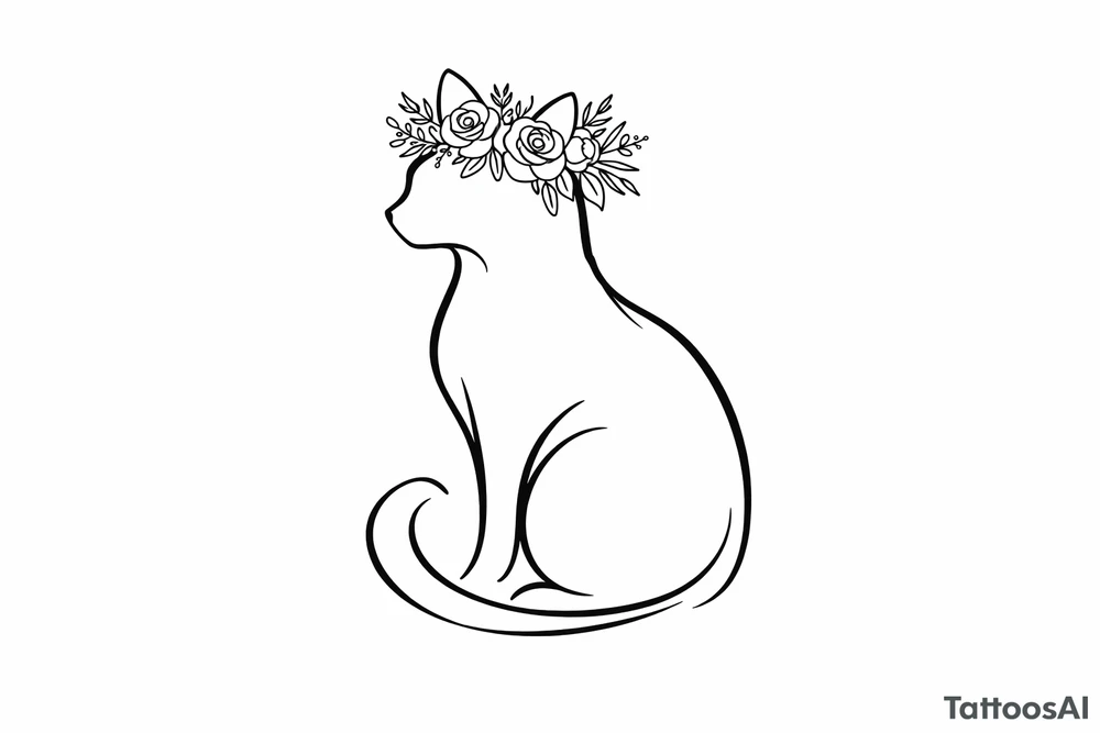 A regal cat silhouette with a floral crown, minimalist linework tattoo idea