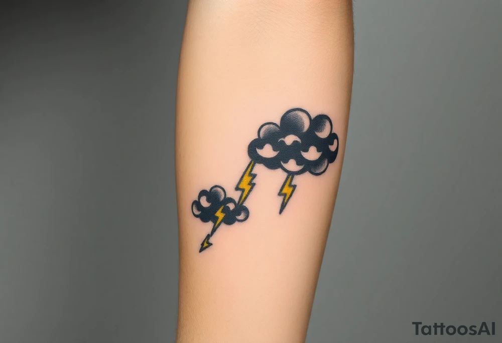 Black dark menacing storm clouds with eerie yellow lightning bolts tattoo idea