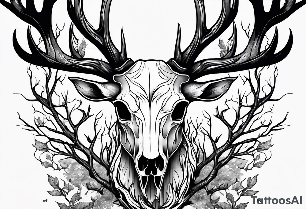 A scary decayed deer skull head human body with flames and trees tattoo idea