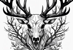 A scary decayed deer skull head human body with flames and trees tattoo idea