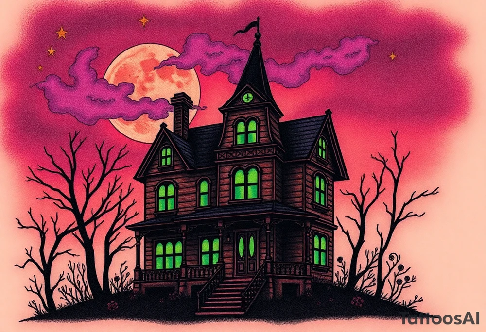 Tim Burton’s haunted victorian home is abandoned and dripping with muted reds, dusty pinks, and eerie green glow.purple and cyan smokey clouds swirl in the crescent moonlit sky thats sprinkled with stars tattoo idea tattoo idea